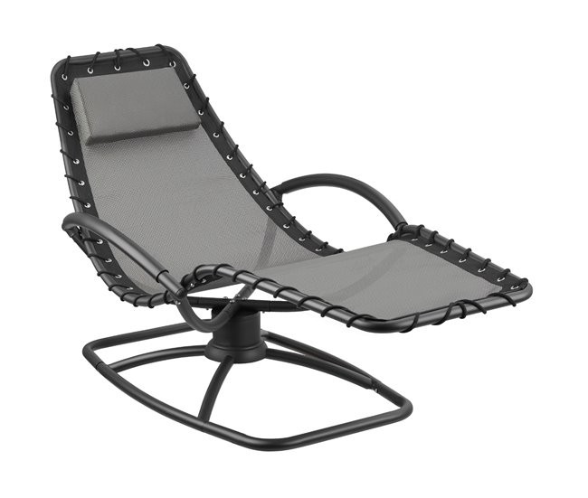 Ergonomic grey sun lounger with a rocking function, featuring a sturdy black metal frame and breathable mesh fabric, ideal for outdoor relaxation.