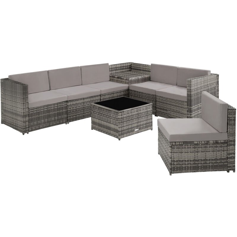 Grey rattan garden sofa set featuring a sectional design with comfortable grey cushions and a matching square coffee table.