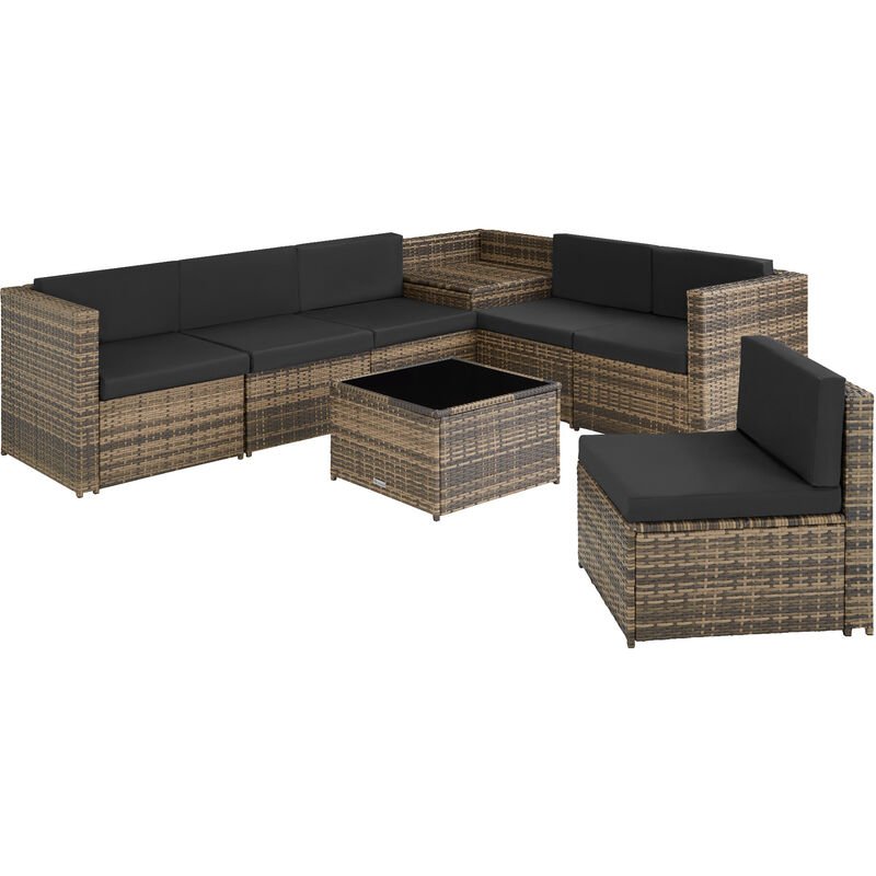 Brown and cream rattan garden sofa set featuring a sectional design with plush black cushions and a matching coffee table, ideal for outdoor relaxation.