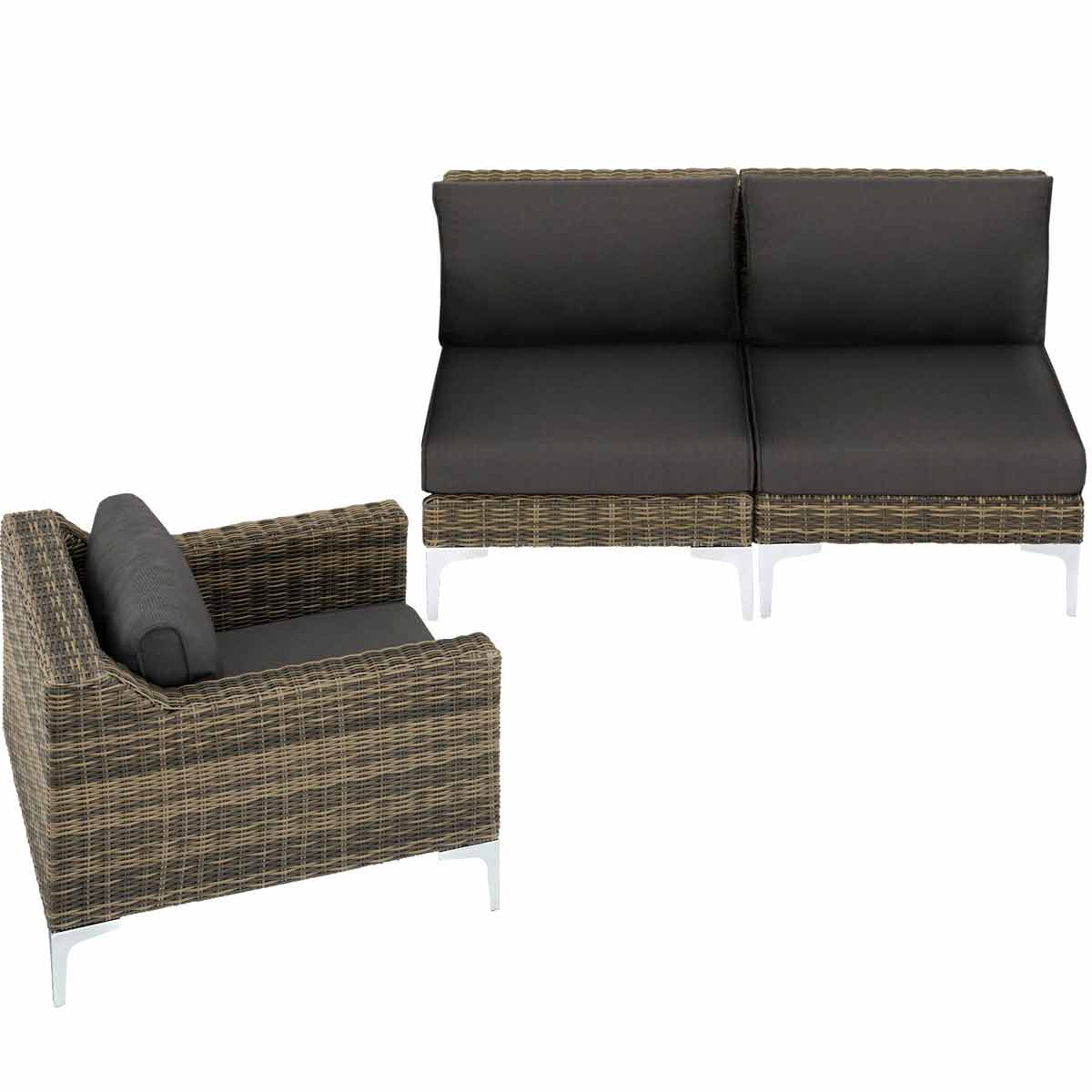 Modular rattan garden furniture set in brown, featuring a sleek design with dark gray cushions and sturdy white legs, ideal for outdoor relaxation.