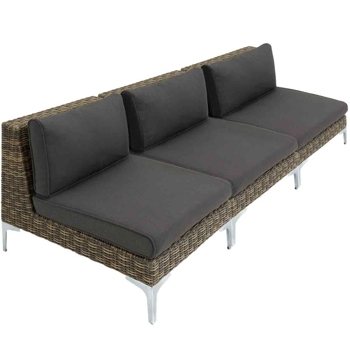 Grey rattan garden furniture set featuring a three-seater sofa with thick, dark cushions and sleek metallic legs, ideal for outdoor relaxation.