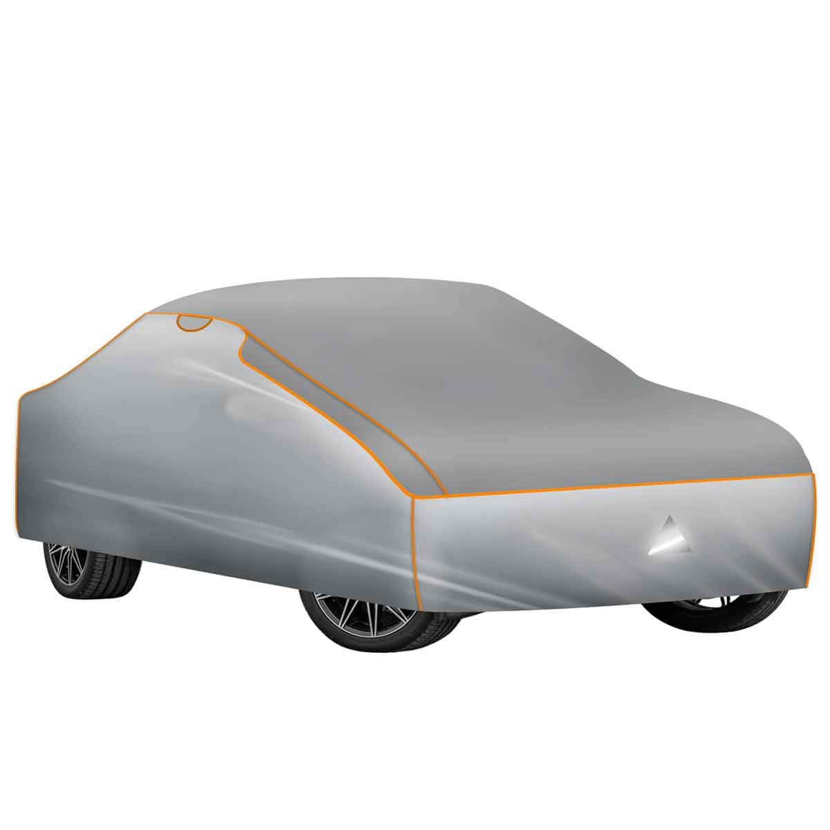Waterproof and breathable grey car cover with a 4mm foam layer, featuring orange trim, designed to protect vehicles from the elements.