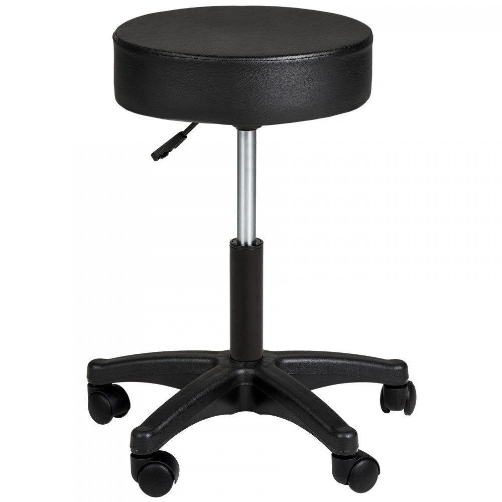 Black desk stool with a round padded seat, adjustable height, and a sturdy five-star base on rolling wheels, featuring a sleek, modern design.