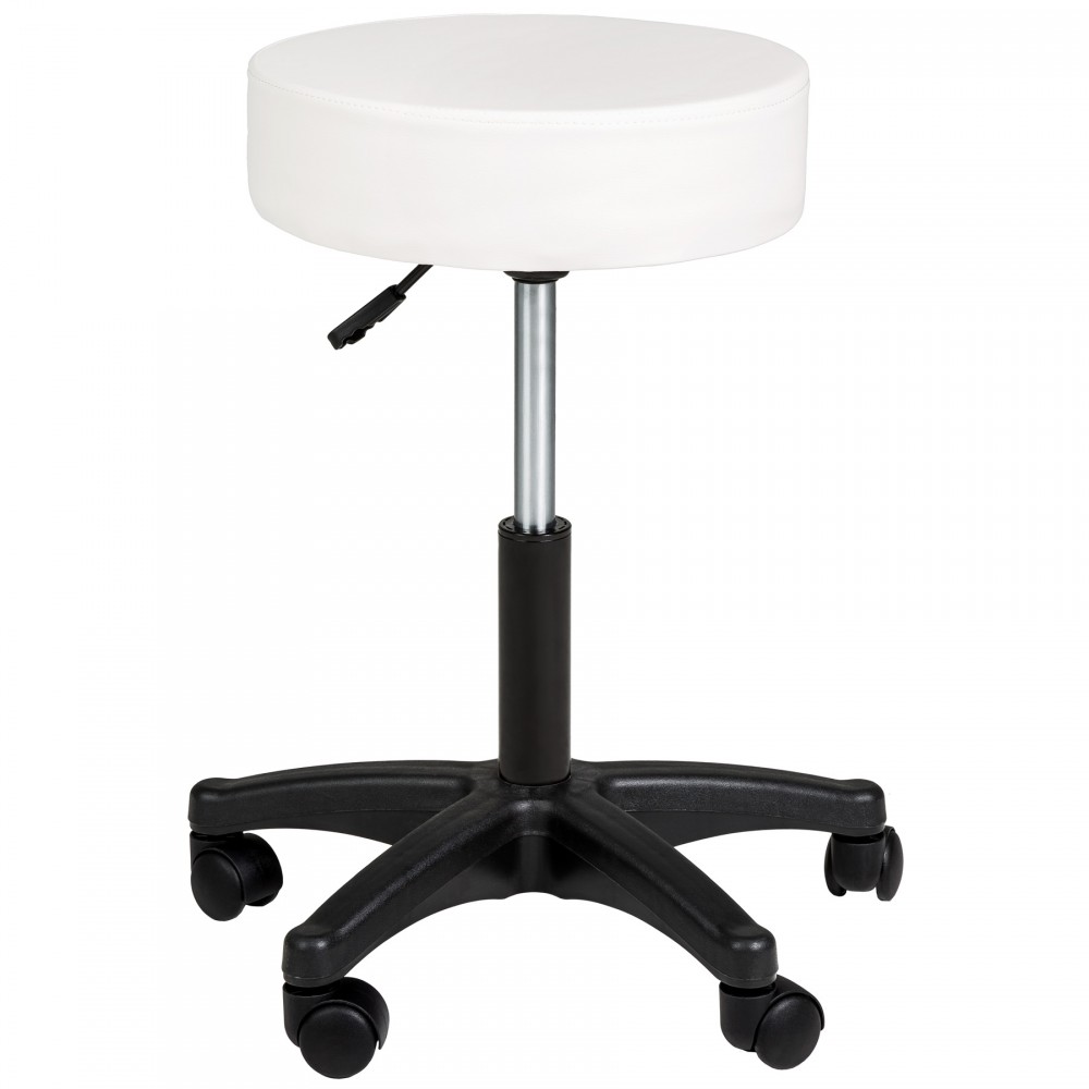 White padded seat stool with a chrome gas lift and a black plastic base featuring five wheels for mobility.