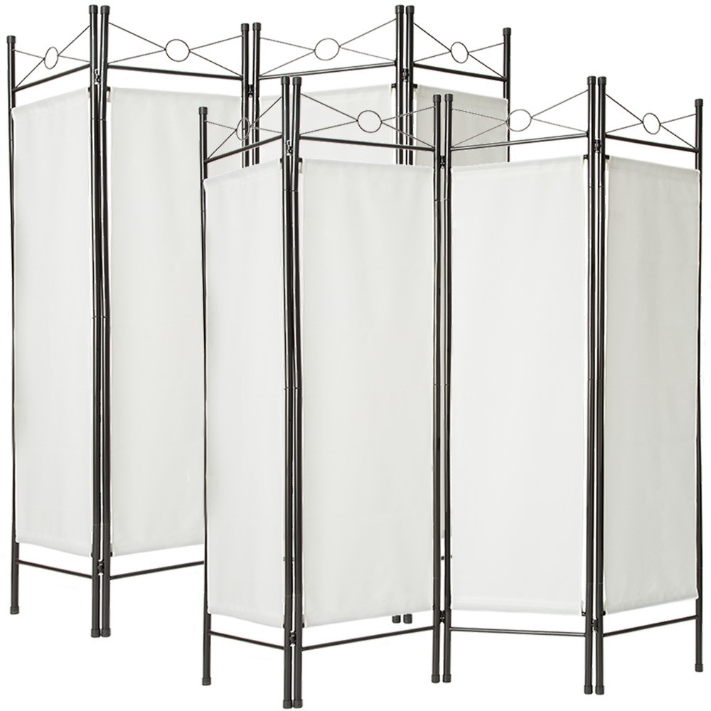Two white room dividers with a sleek design, featuring a metal frame and circular accents, providing privacy and style for any space.