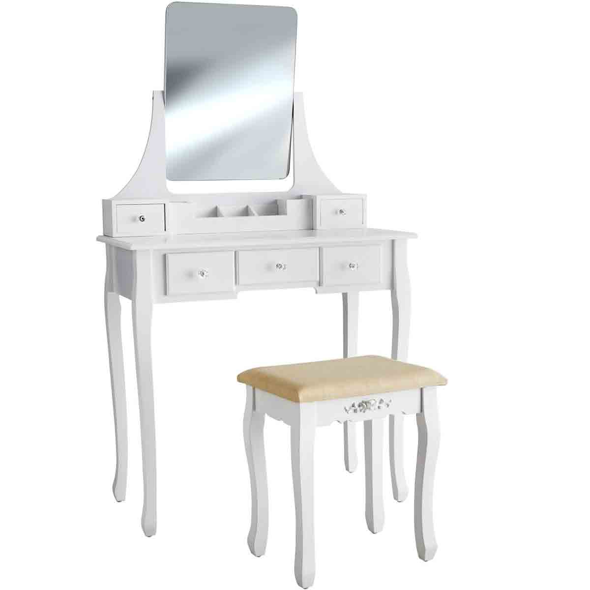 White wooden dressing table with five drawers, a rectangular mirror, and a matching stool featuring a cushioned seat, all designed with elegant, curved legs.