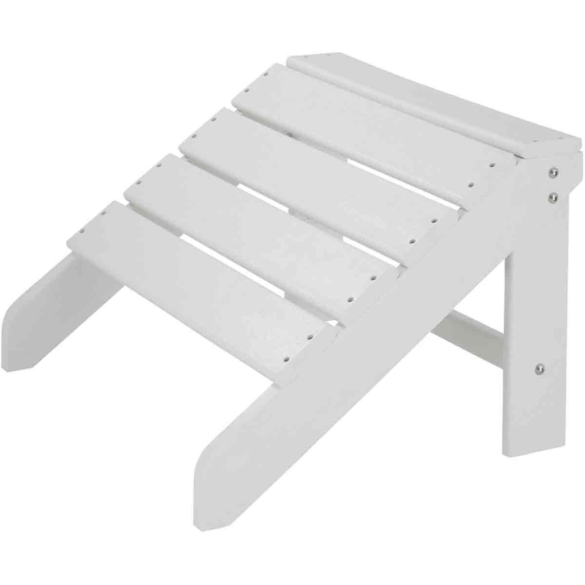 White wooden footstool with a slatted design, featuring a weatherproof and UV-resistant finish, angled for comfort and support.