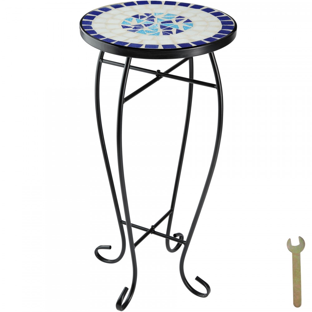 Round balcony table with a mosaic top featuring blue and white tiles, supported by a black metal frame with curved legs, ideal for garden or patio use.