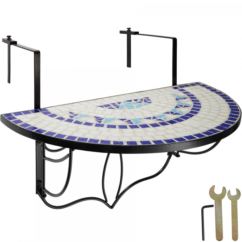 Hanging table with a mosaic pattern featuring blue and white tiles, supported by a black metal frame, measuring 75x65x62cm, includes mounting brackets and tools.
