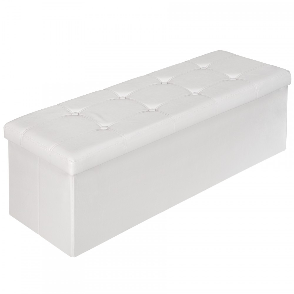 Foldable storage bench in white synthetic leather, measuring 110x38x38cm, featuring a tufted top and a sleek, modern design.