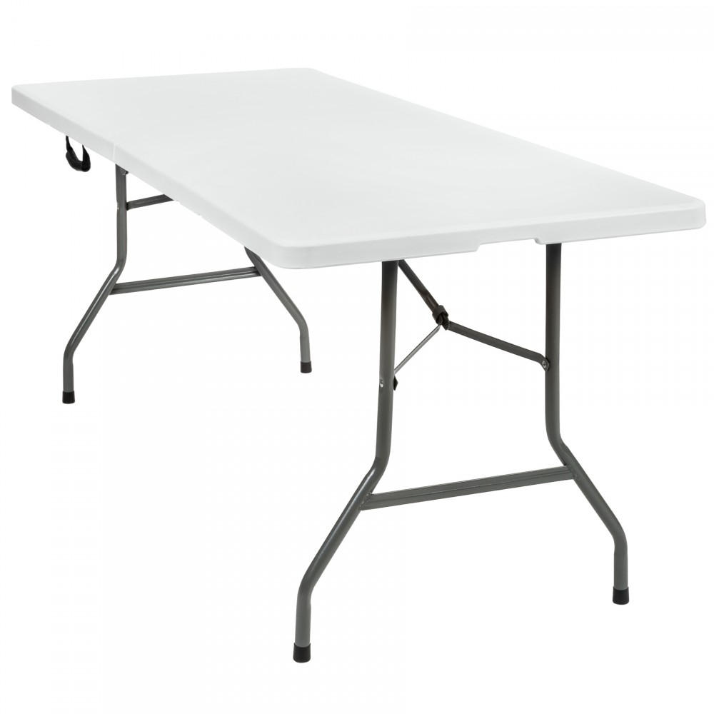Foldable camping table in white with a smooth surface, supported by a sturdy gray metal frame and black rubber feet for stability.