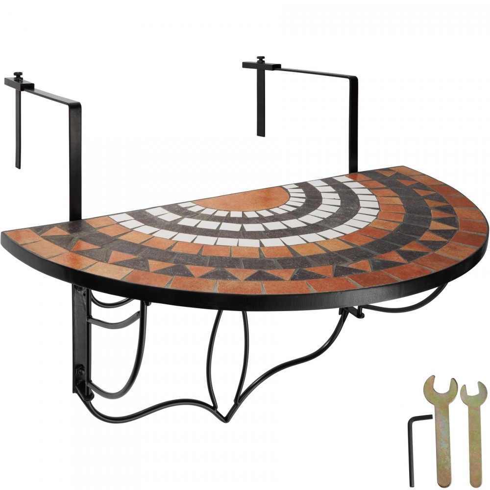 Hanging table featuring a colorful mosaic pattern with circular designs, supported by a black metal frame, measuring 75x65x62cm, includes assembly tools.