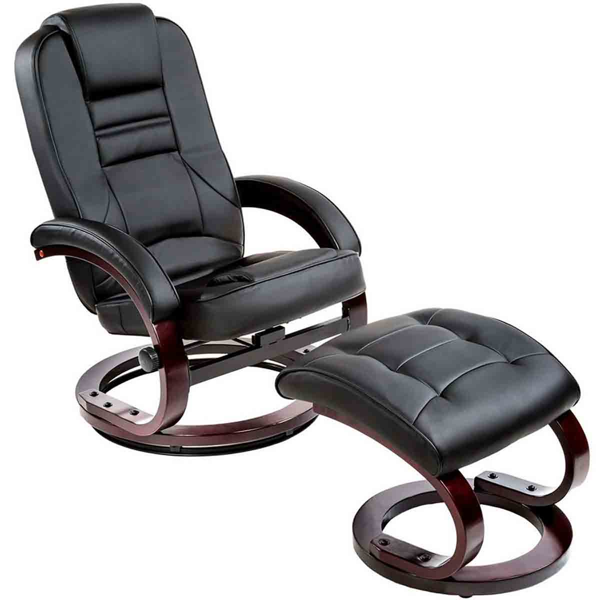 Black faux leather TV armchair with a matching stool, featuring a curved wooden base, padded seat and backrest, and a reclining mechanism for comfort.