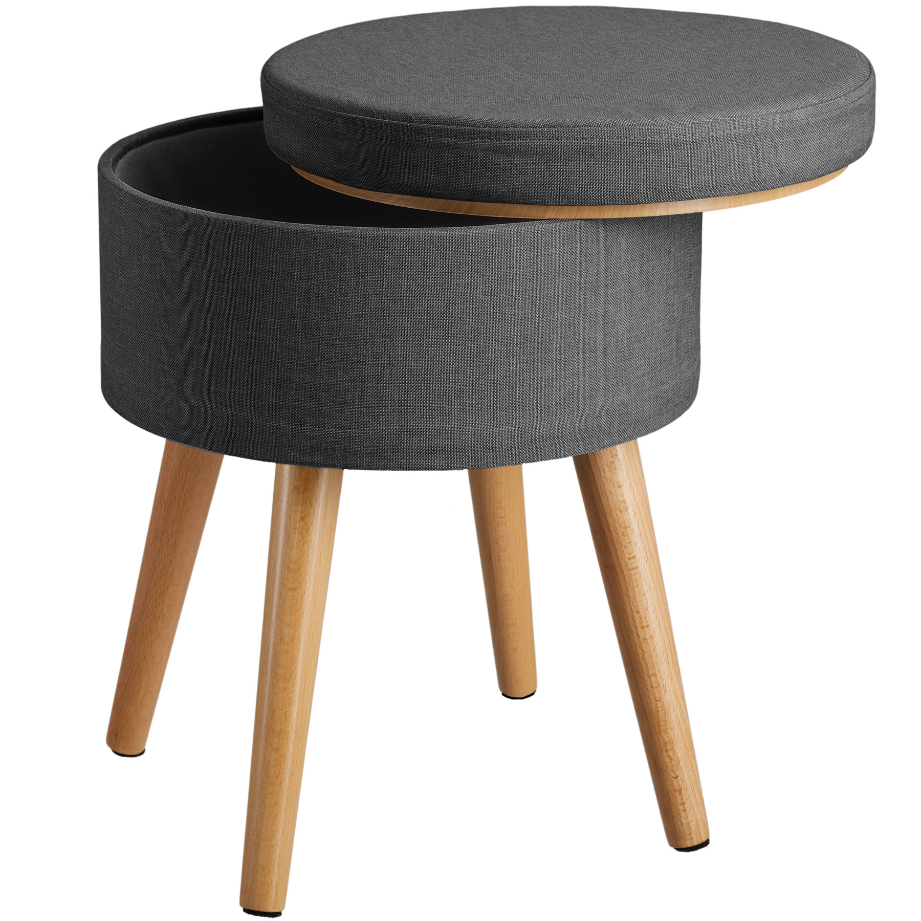 Grey upholstered stool with a round, removable lid, featuring a storage compartment and wooden legs, designed in a linen look.