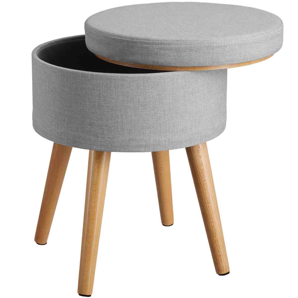 Light grey upholstered stool with a round lid, featuring a storage compartment and wooden legs, offering a modern and functional design.