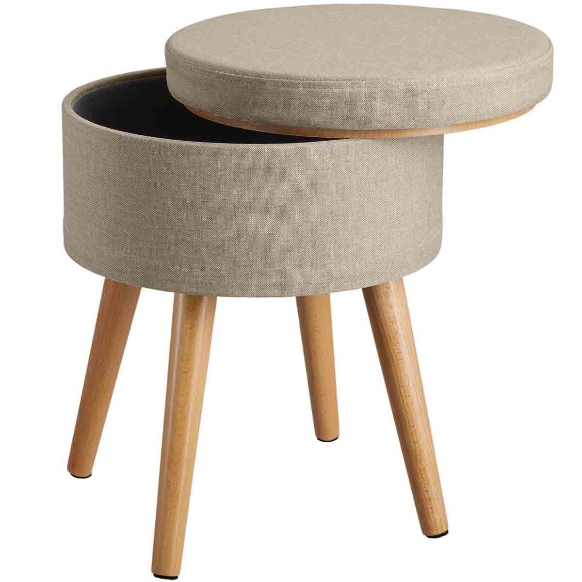 Brown upholstered stool with a linen look, featuring a removable top that reveals storage space, supported by wooden legs.
