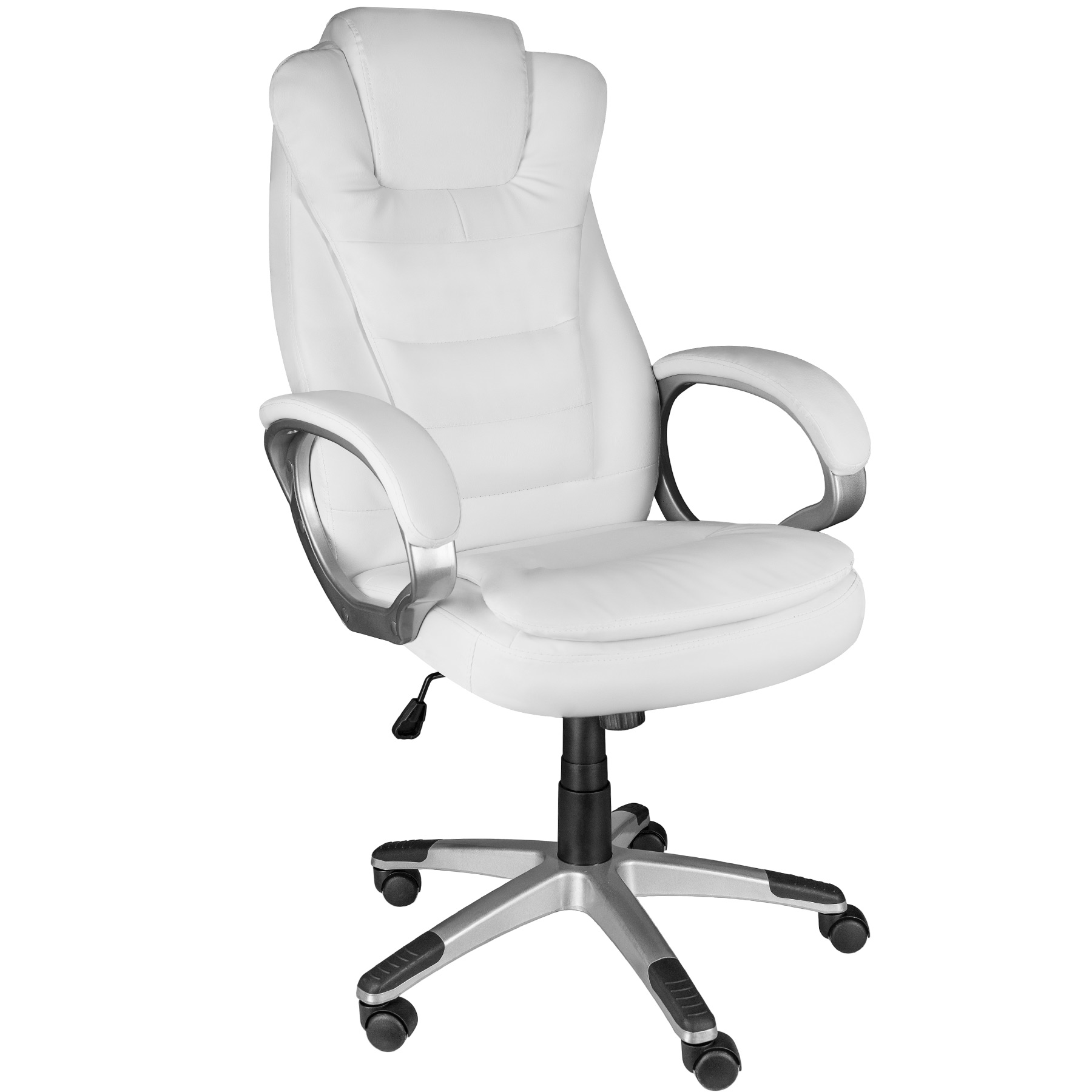 White ergonomic office chair with a padded backrest, adjustable height, and armrests, featuring a sleek silver base and rolling casters for easy mobility.
