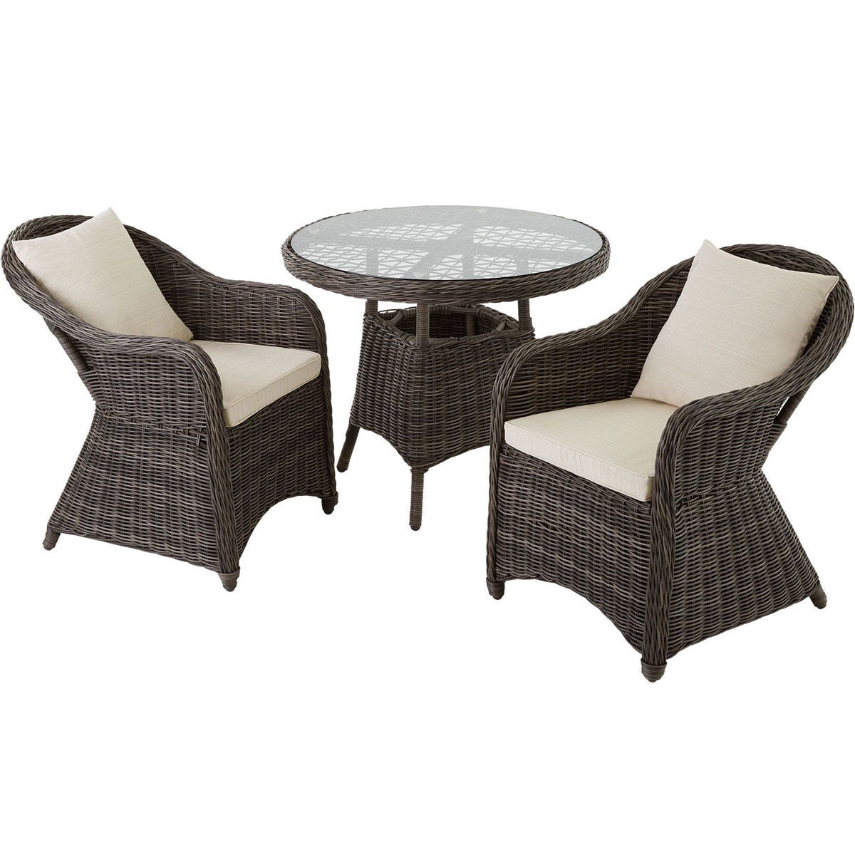 Grey rattan bistro set featuring two armchairs with cream cushions and a round glass-top table, ideal for outdoor or indoor use.