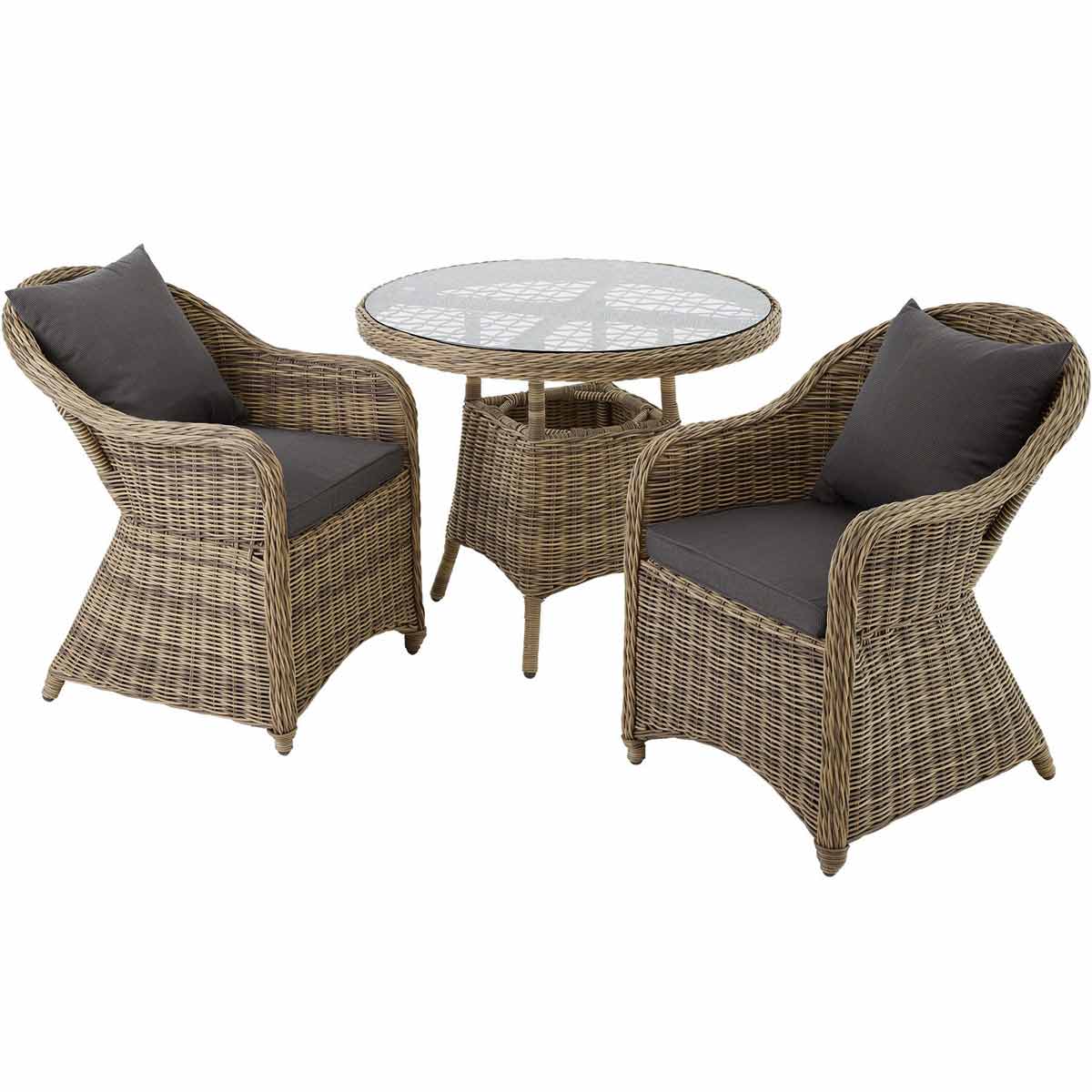 Brown rattan garden furniture set featuring two armchairs with gray cushions and a round table with a glass top, perfect for outdoor relaxation.