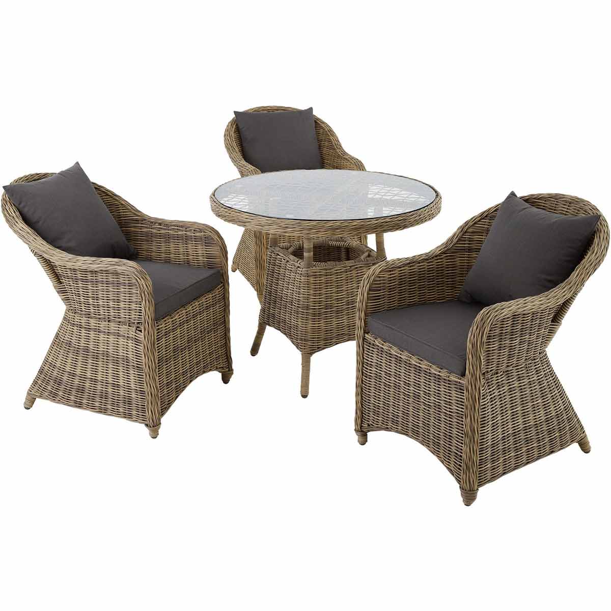 Rattan garden furniture set in brown featuring three armchairs with dark cushions and a round glass-top table, ideal for outdoor relaxation.