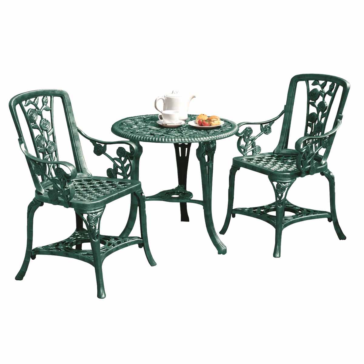Three-piece rose bistro furniture set in verdi green, featuring a round table and two intricately designed chairs with floral motifs, made of durable metal.