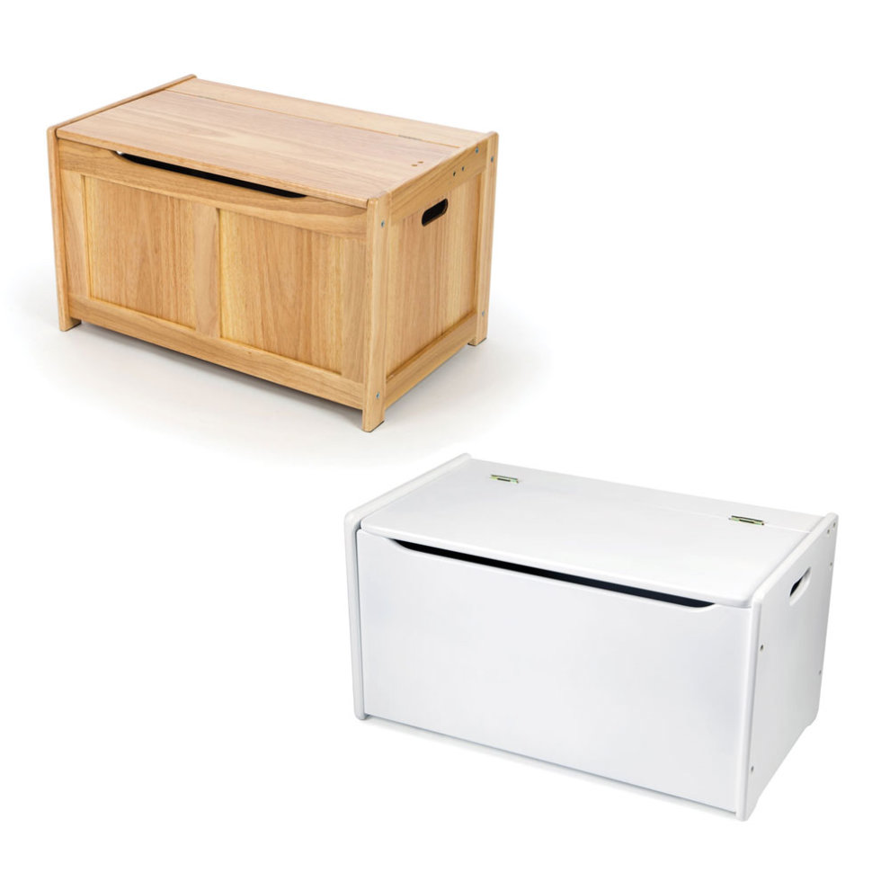 White wooden toy chest with a smooth finish, featuring a hinged lid and cut-out handles on the sides for easy carrying, designed for stylish storage in children's rooms.