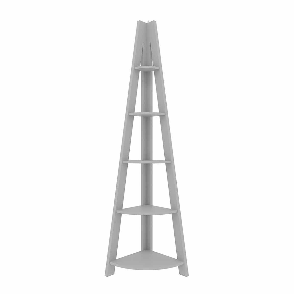 Grey corner ladder shelving unit with five spacious shelves, featuring a sleek, modern design and made from sturdy material, perfect for maximizing space in any room.