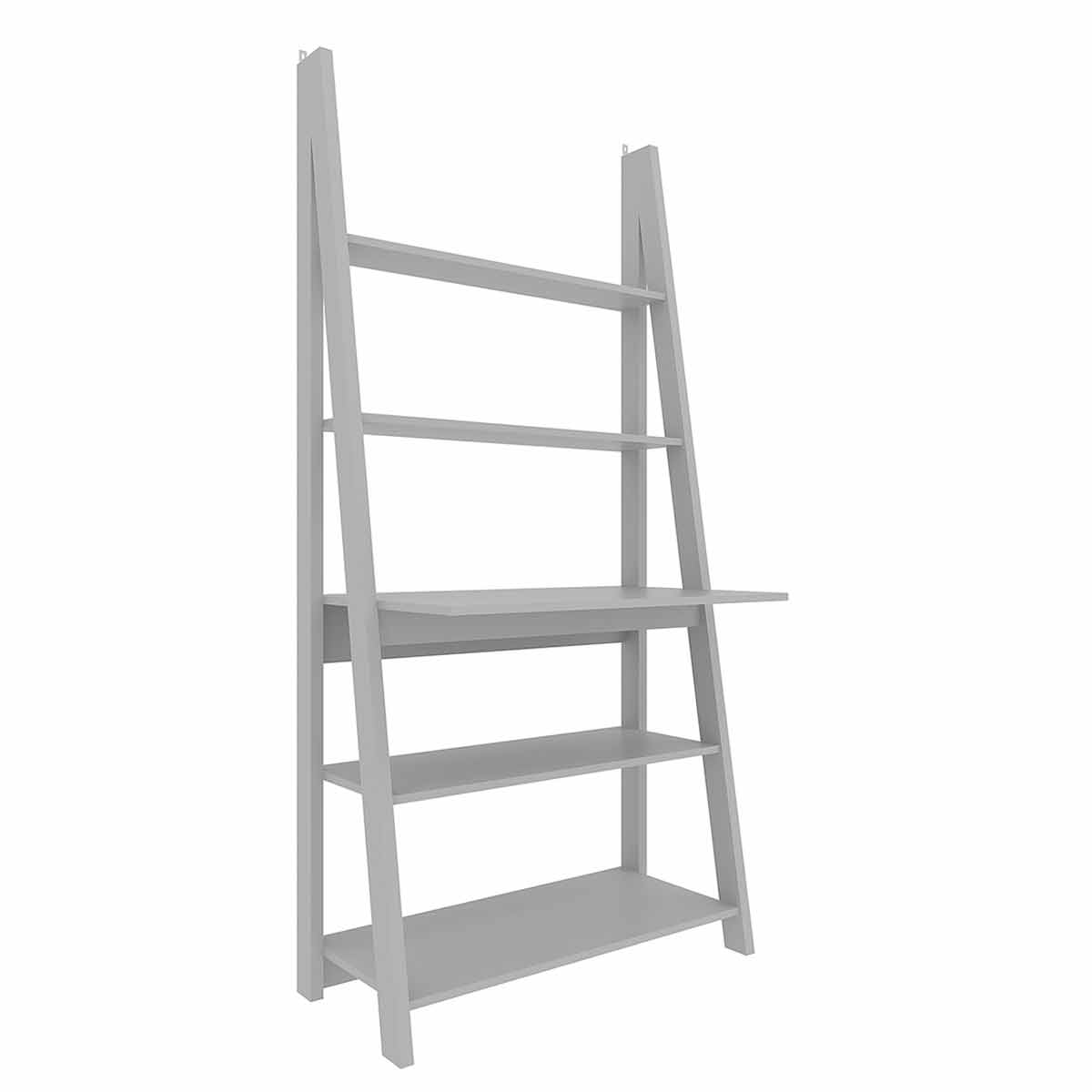 Grey LPD Furniture Tiva shelving unit featuring a built-in desk, with a modern design, four open shelves, and a sturdy ladder-style frame.