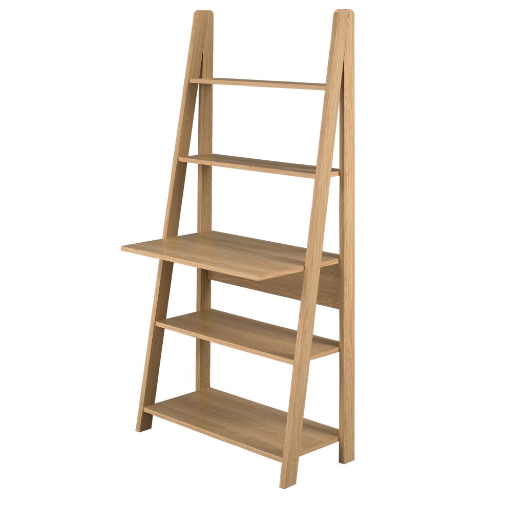 LPD Furniture Tiva shelving unit features a brown oak finish with a sleek design, including four open shelves and a desk surface, supported by angled wooden legs.