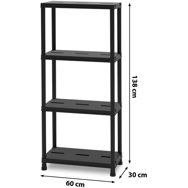 Black plastic shelving unit with four shelves, measuring 138 cm high, 60 cm wide, and 30 cm deep, featuring a sturdy design and slotted shelves for ventilation.