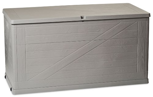 Gray wooden garden storage chest with a textured finish, featuring a hinged lid and a capacity of 420 liters, designed for outdoor use.