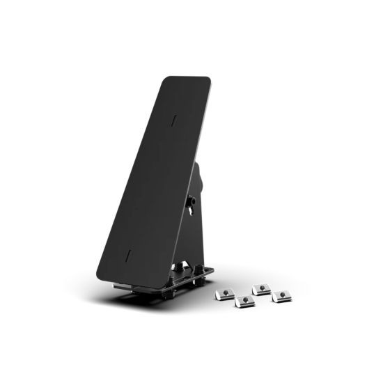 Black metal foot rest for sim racing, featuring a sleek design and adjustable angle, accompanied by four mounting brackets for secure attachment.