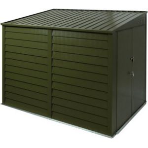 Green metal bike shed with a sloped roof, featuring horizontal slats, double doors, and a sturdy design, measuring 6ft x 9ft for secure bike storage.