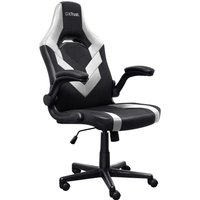 Black and white Trust GXT 703 Riye gaming chair with ergonomic design, padded armrests, and five-wheel base.