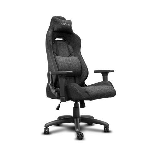 Grey padded gaming chair with ergonomic design, adjustable armrests, and a high backrest, featuring a soft fabric material and a sturdy five-star base with wheels.