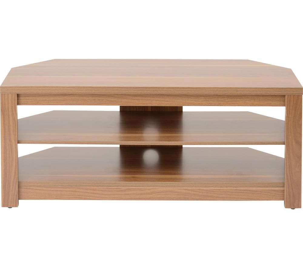 Light walnut TV stand featuring a modern design with two open shelves and a sturdy rectangular top, ideal for supporting a television and media devices.