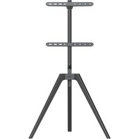 Black wood tripod stand with adjustable VESA 400 x 400 mount, sleek design, and sturdy three-legged base.