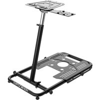 Black Turtle Beach VelocityOne stand with adjustable metal frame and platform for simulation accessories.