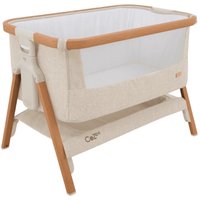 Scandinavian walnut and ecru bedside crib with mesh sides and wooden legs, includes storage shelf underneath.