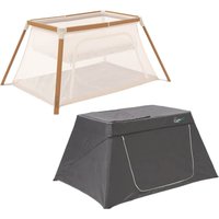 Scandinavian walnut and ecru beige travel crib with mesh sides and matching dark gray carry case.
