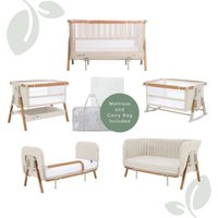 Convertible white and wood crib set with mattress, carry bag, and sofa extension for ages birth to 4+ years.