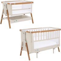Scandinavian walnut and ecru bedside crib and cot with mesh sides and wooden legs.