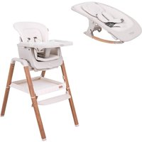 Tutti Bambini highchair in Scandinavian walnut and ecru, with adjustable seat, tray, and footrest, plus a detachable rocker.
