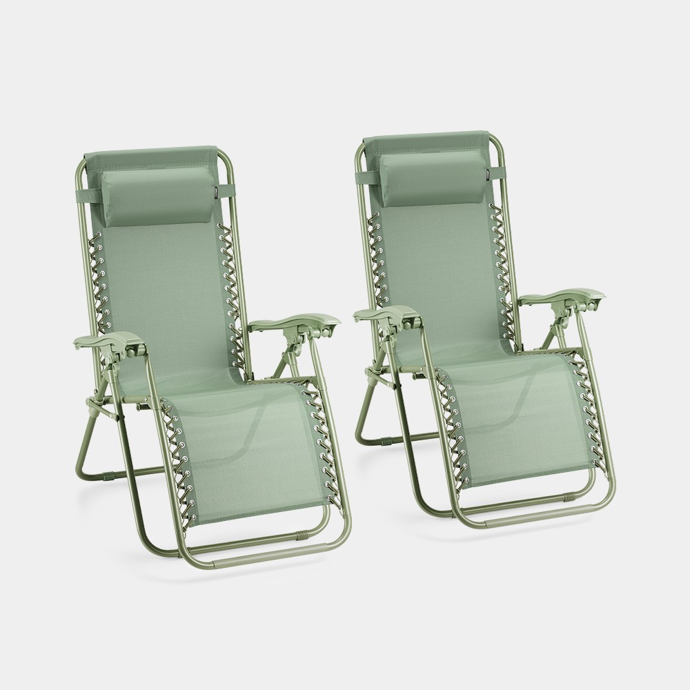 Sage green zero gravity chair set of two, featuring a breathable fabric seat, adjustable headrests, and a sturdy metal frame for comfort and relaxation.