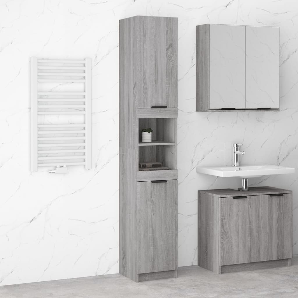 Tall bathroom cabinet in Grey Sonoma engineered wood, featuring sleek lines, two doors, an open shelf, and a modern design, complementing a minimalist bathroom setting.
