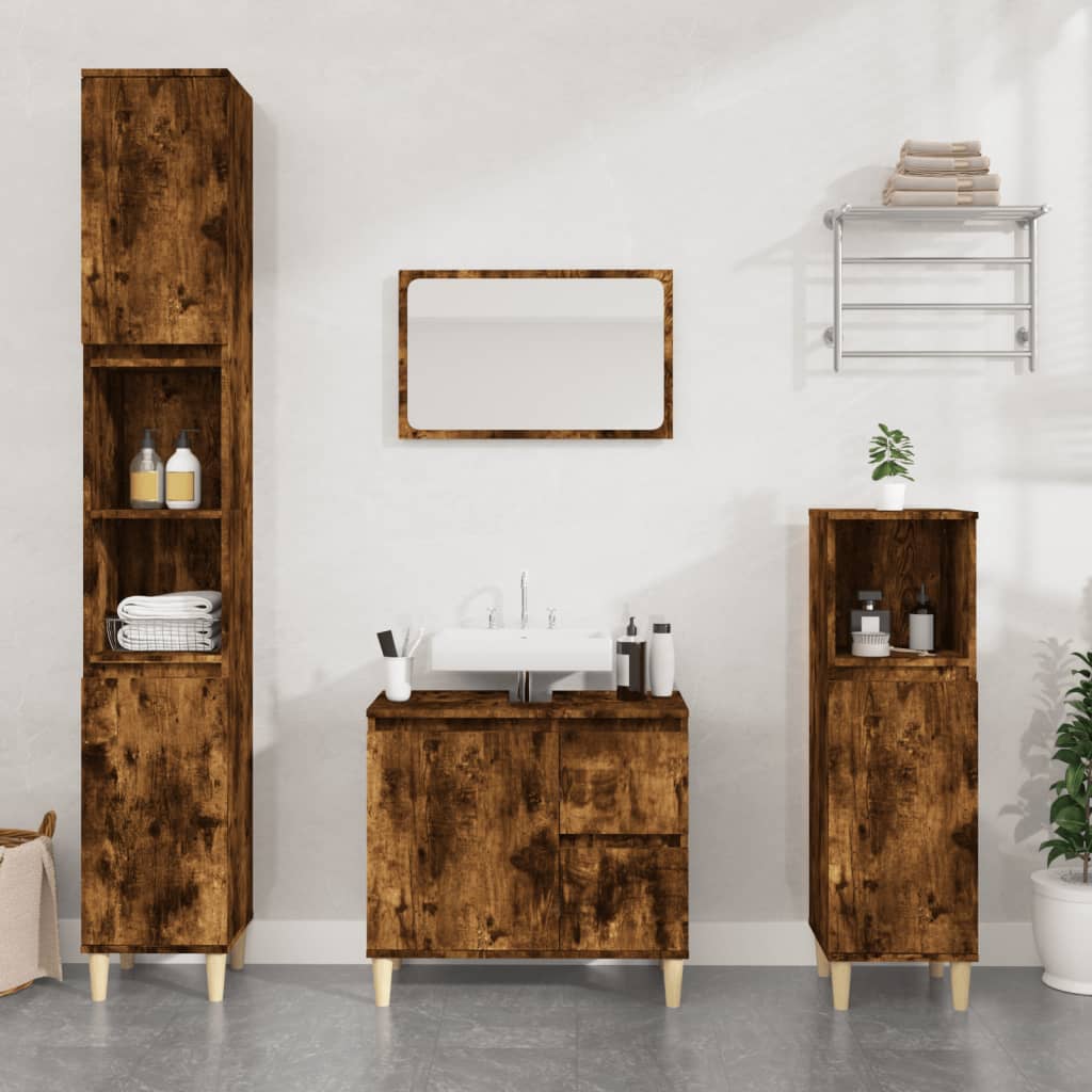Tall bathroom cabinet in smoked oak finish, 30x30x190 cm, featuring open shelves and closed storage, complemented by a matching vanity and decor items against a light wall.