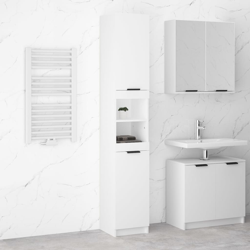Tall bathroom cabinet in white engineered wood featuring two doors, an open shelf, and sleek black handles, set against a marble-patterned wall.