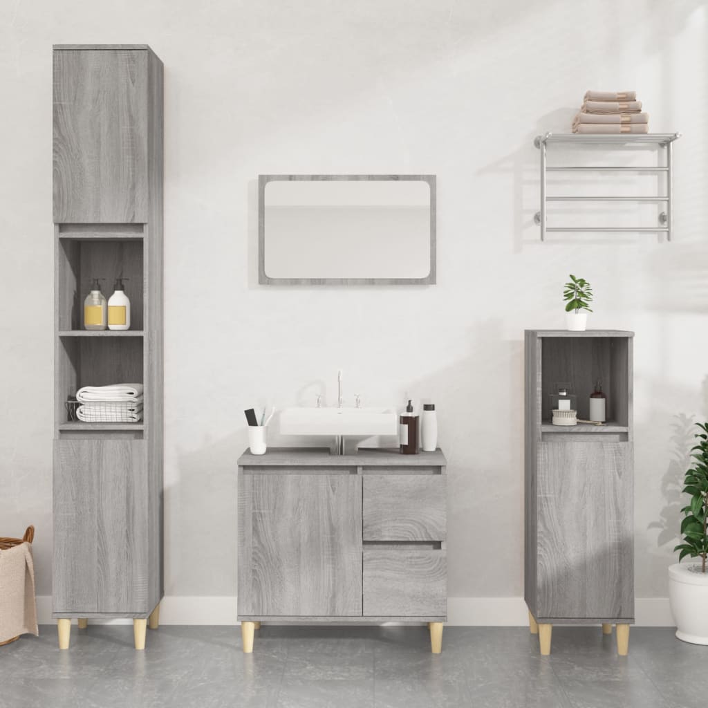 Tall grey Sonoma bathroom cabinet made of engineered wood, featuring open shelves, a sink with a countertop, and two storage drawers, complemented by light wooden legs.