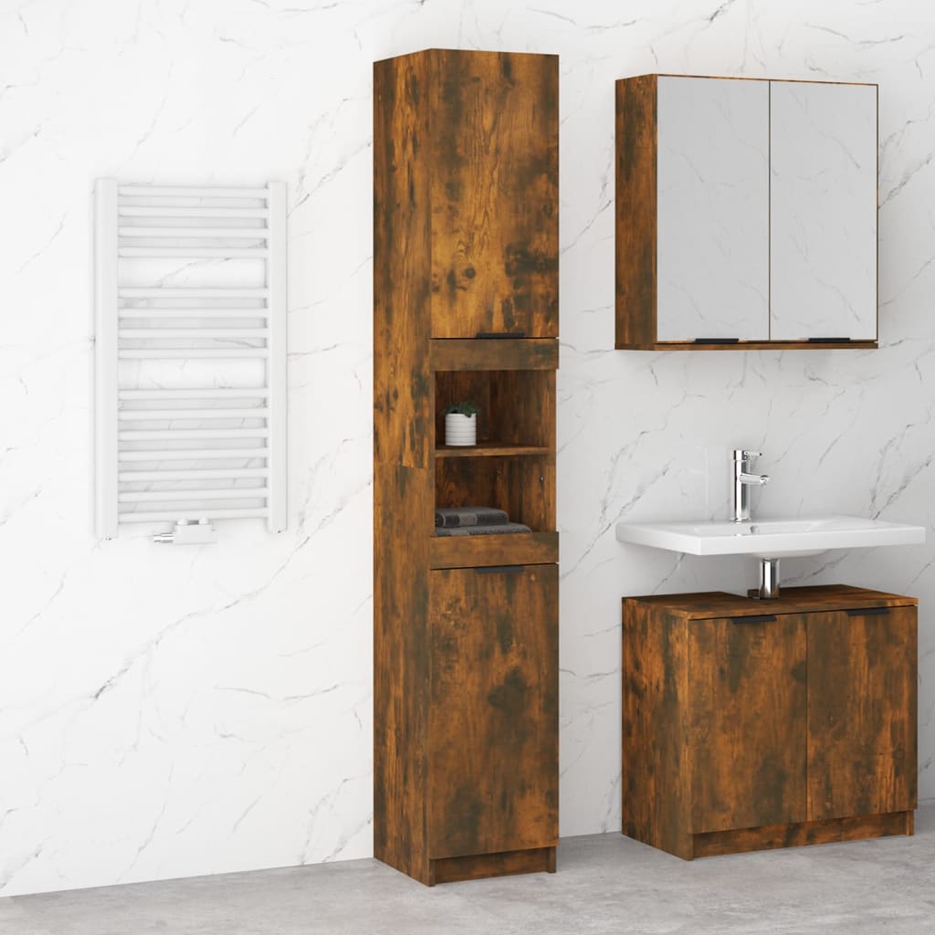 Tall bathroom cabinet in smoked oak engineered wood featuring open shelves and a closed storage section, complemented by a sleek design against a marble backdrop.