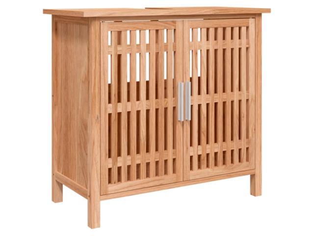 Solid wood bathroom sink cabinet in walnut brown, featuring a slatted design, two doors, and a sleek silver handle, measuring 66x29x61.5 cm.